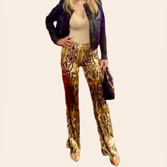 Roberto Cavalli Pants - Roberto Cavalli Leopard and Gold Chains Flared Leg Silk Stretch Pants